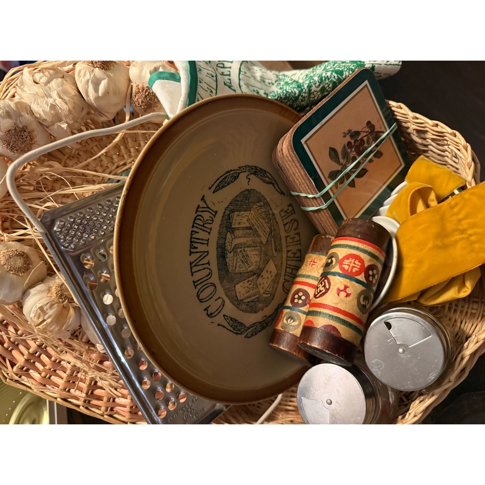 Vintage Kitchen Gift Basket Country Cheese Plate Coasters Grater Wicker Decor
